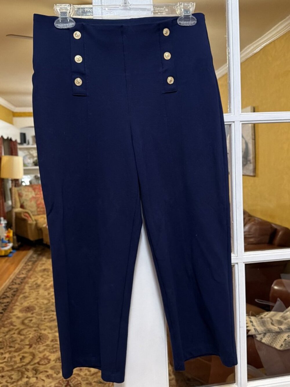 Nygard Slims Navy Stretch nautical Stretch Pull On Pants Gold Buttons Sz M